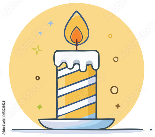 Cute cartoon illustration of a single striped burning candle with a glowing flame