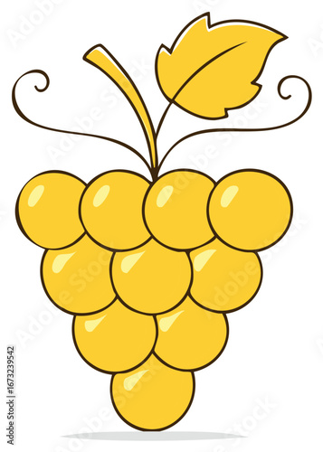 Illustration of a cartoon yellow grape cluster with a leaf and vines