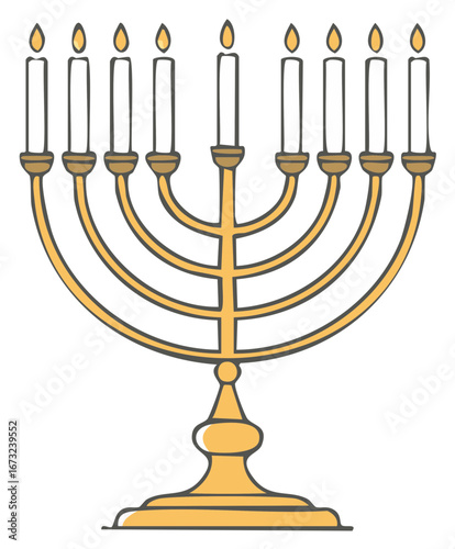 Illustrated menorah with lit candles, religious symbol