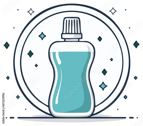 Mouthwash Bottle Illustration with Freshness Sparkles and Clean Design