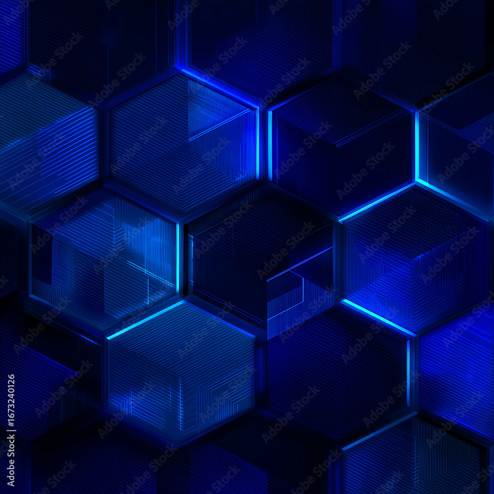 Obraz premium Dynamic 3D blue hexagon pattern with glowing lines creating modern, futuristic abstract technology design for data visualization.