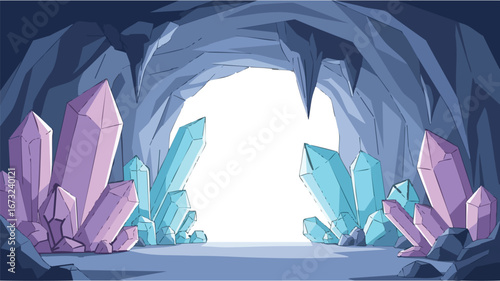A magical cartoon cave entrance with a bright light lined with large glowing pink and turquoise crystal formations.