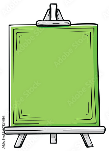 Hand drawn cartoon illustration of a blank green board on a wooden artist easel stand