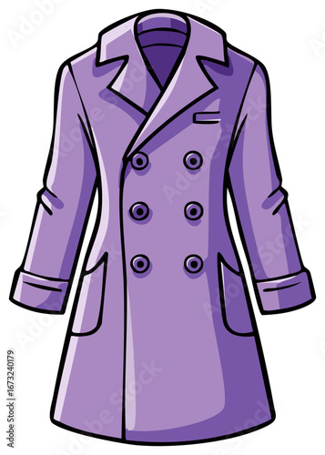 Purple overcoat cartoon illustration featuring double breasted buttoned closure and pocket details for style
