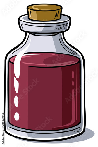 Cartoon style bottle filled with red potion. Cork stopper. Glassware container for liquid.
