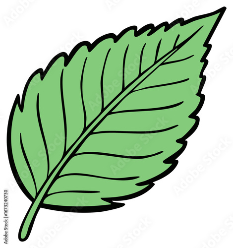 Single green leaf illustration with a bold black outline in a simple cartoon style graphic
