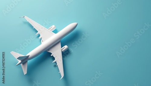 3D render of white airplane flying against plain blue background. Minimalist illustration perfect for travel banners, global transportation themes. Clean design highlights aircraft in motion,
