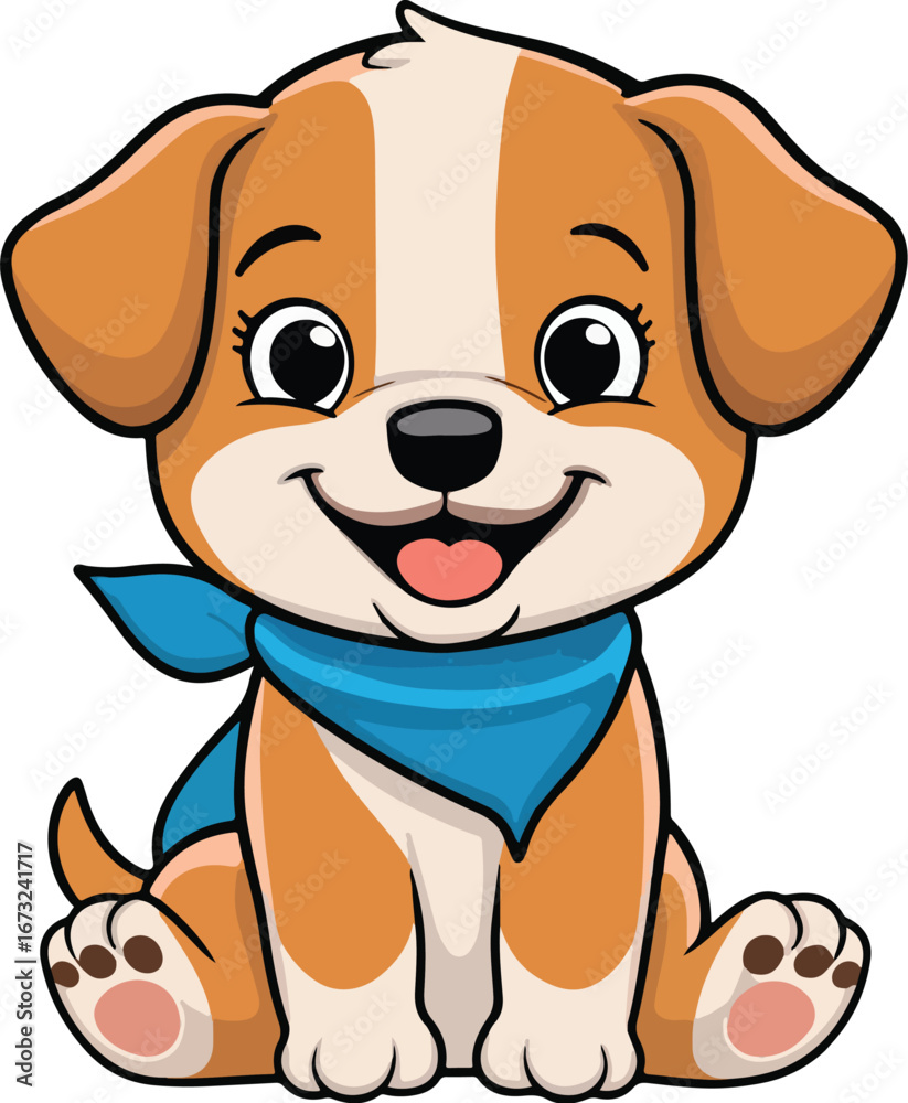 Obraz premium Cute Cartoon Puppy Dog with Blue Scarf Vector Illustration