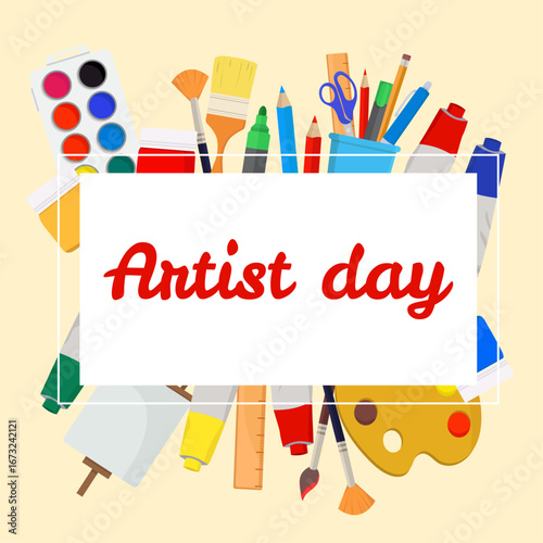 Artist day greeting card frame with painter tools Brush easel color palette watercolor
