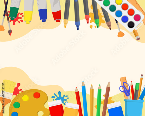 Artist day background with painting tools Markers pencils watercolor gouache blush