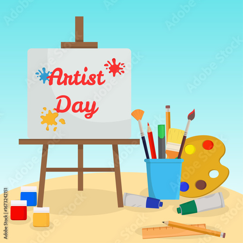 Artist day greeting card with easel color palette gouache brush and painting tools