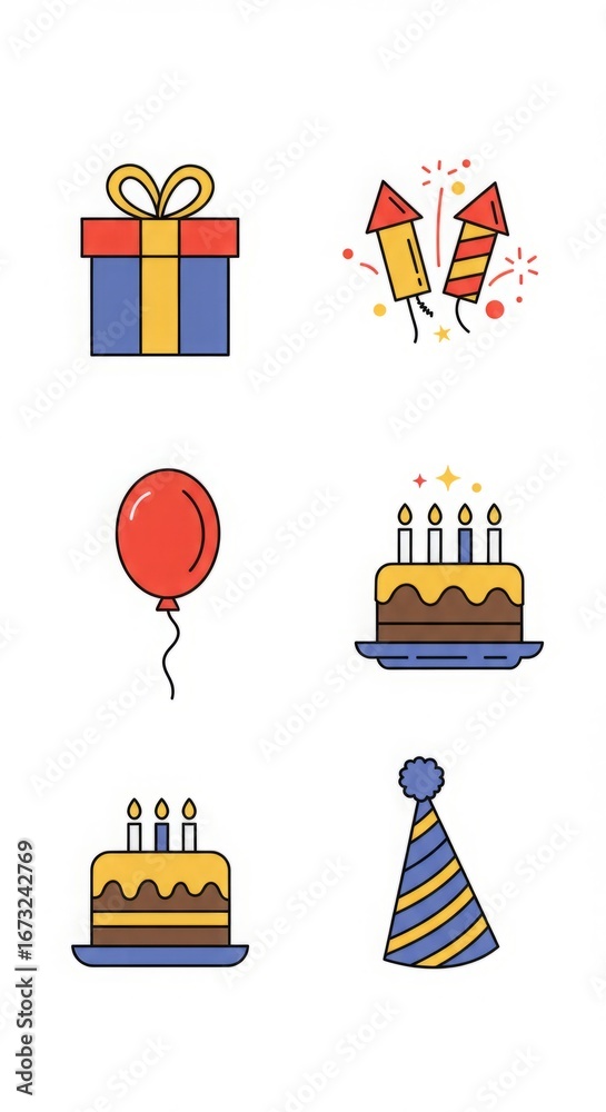 Fototapeta premium Flat vector icons with holiday and celebration themes, including birthday cakes, gifts, balloons, fireworks, and party hats. Suitable for greeting designs, event posters, and greeting applications.