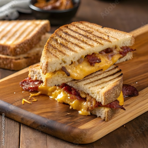 3d icon of delicious grilled cheese sandwich with bacon and melted cheddar cheese, served on a wooden board with a side of pickles, closeup shot