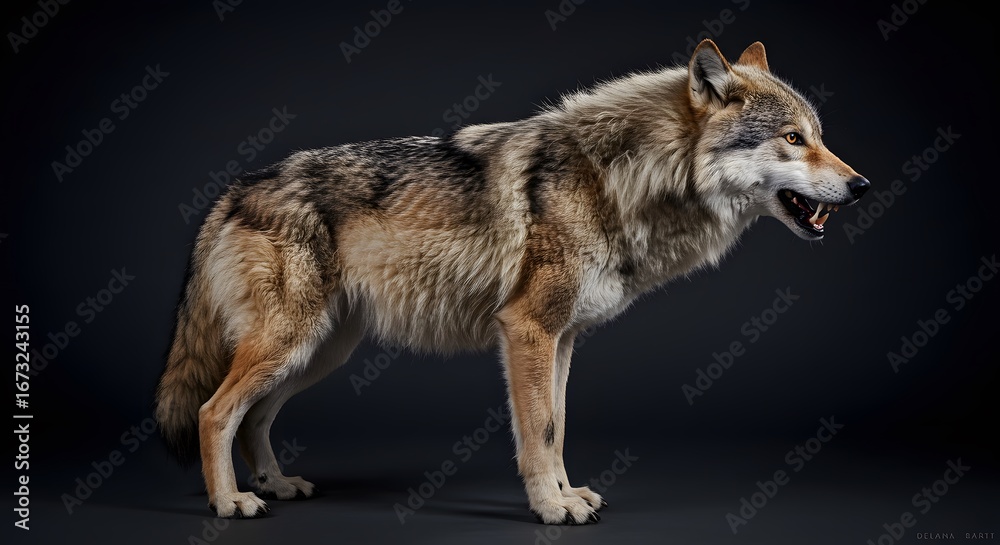 Obraz premium Powerful Wolf Portrait Against Dark Background