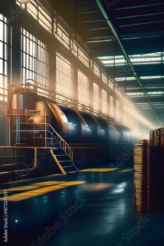 Modern Factory Interior with Machines and Engineers Working