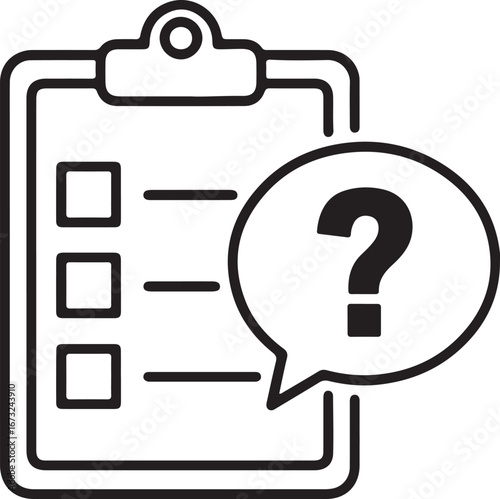 Clipboard with checklist and question mark speech bubble icon