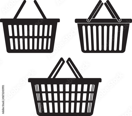 Three black shopping baskets with handles in a clean silhouette style