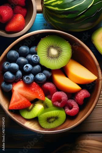 Healthy Superfood Bowl with Fruits and Seeds, Overhead Flat Lay
