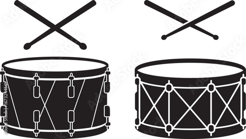 Two traditional bass drums with crossed drumsticks silhouette