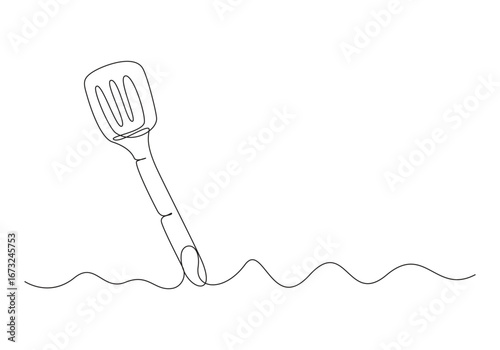 Line Art Cooking Utensils Spatula and Ladle, Single-line art of a slotted kitchen spatula, Continuous one line drawing of kitchen spatula design. kitchen equipment in one continuous line draw