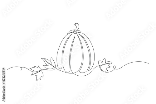 Autumn pumpkin in one continuous line drawing. Halloween and Thanksgiving greeting card in simple linear style. Fall harvest in editable stroke. Doodle vector illustration