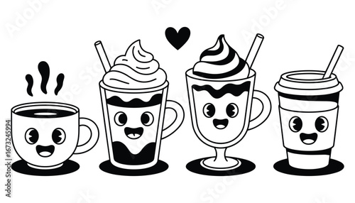 Cute Coffee Cup Vector Illustration with Kawaii Face for Cafe, Beverage, Drink and Cartoon Design