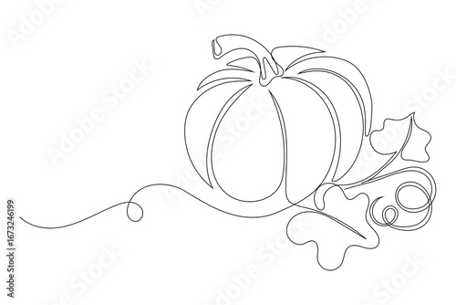 Autumn pumpkin in one continuous line drawing. Halloween and Thanksgiving greeting card in simple linear style. Fall harvest in editable stroke. Doodle vector illustration