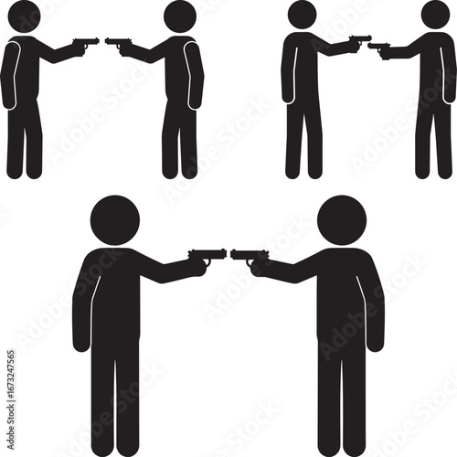 Three pairs of stick figure silhouettes aiming guns at each other silhouette