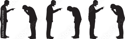 Sequence of a man pointing and bowing in a black silhouette against a white background silhouette