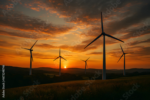 Wind Turbines in Green Landscape during Sunset, Sustainable Energy