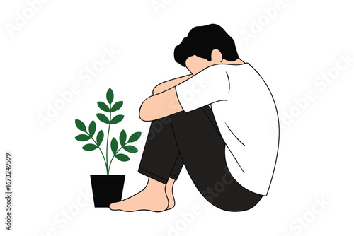 Sad man sitting on the floor with knees up and head down beside a green plant. Flat vector illustration symbolizing stress, anxiety, sadness, and solitude.