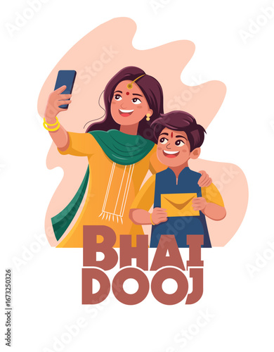 Illustration featuring a brother and sister celebrating Bhai Dooj with festive traditions, showcasing family bonding and cultural warmth.