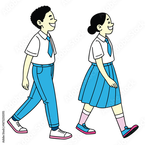 Diverse students walking side by side on white background