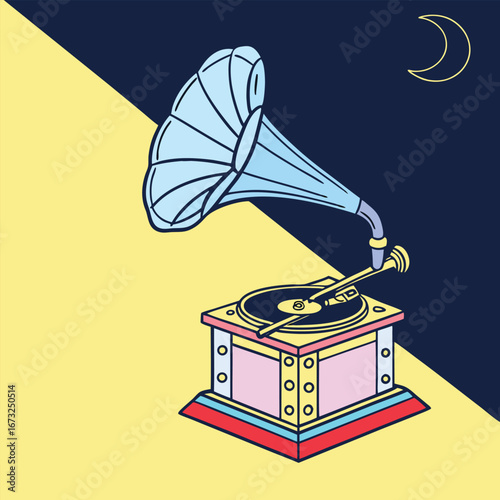 Retro gramophone on a split background with a crescent moon