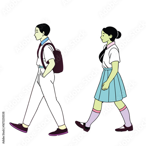 Students with backpacks walking on white background