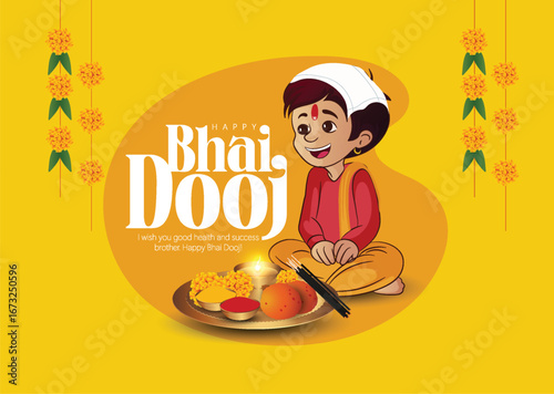 Illustration featuring a brother and sister celebrating Bhai Dooj with festive traditions, showcasing family bonding and cultural warmth.