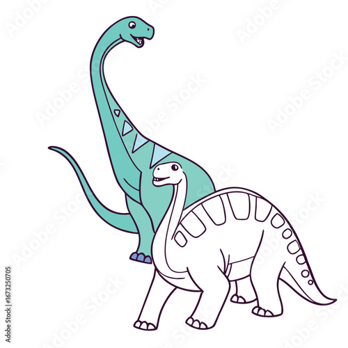 Two Cartoon Dinosaurs One Green One Outline illustration