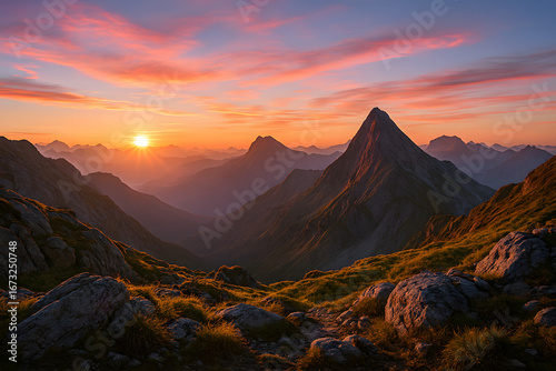 Mountain Landscape at Sunrise with Scenic Clouds and Vivid Colors