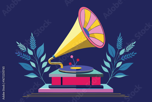 Vintage gramophone with floral elements on dark blue background