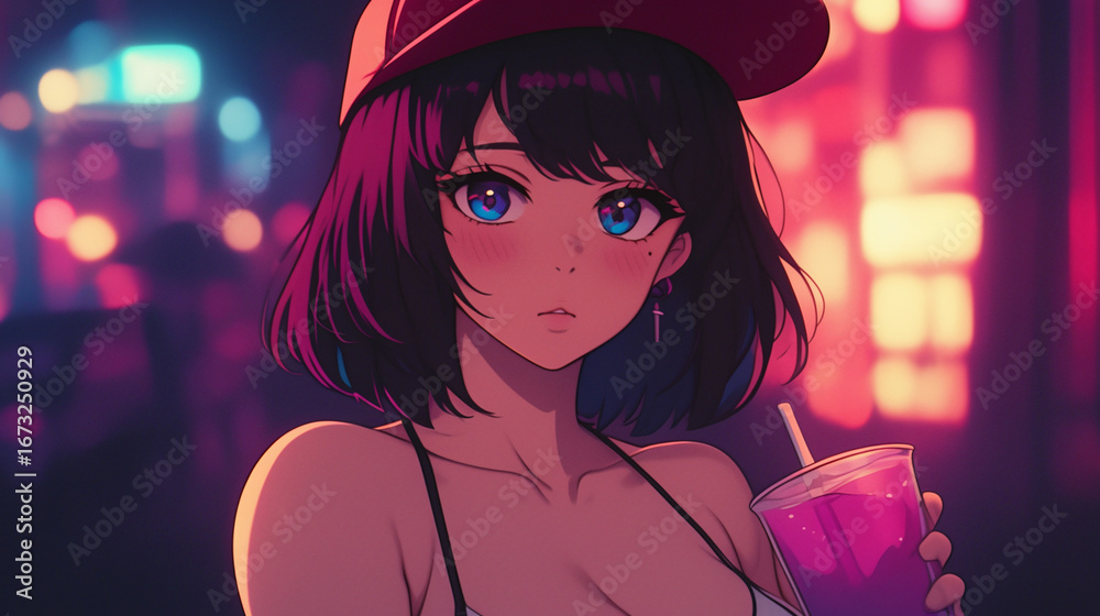 Fototapeta premium A Captivating Portrait of Urban Lifestyle: A Young Female Anime Character Enjoying a Colorful Drink in the Heart of Nightlife, Exuding Modern Style and Youthful Emotion.