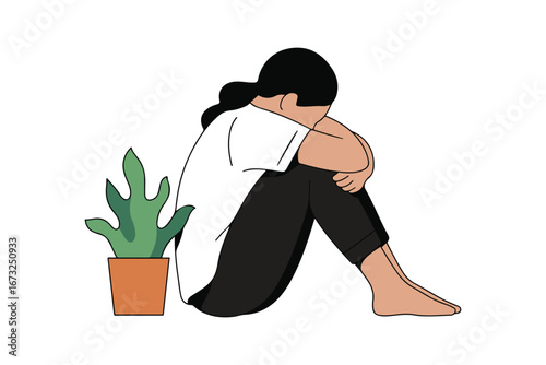 Sad woman sitting on the floor with knees up and head down beside a potted plant. Flat vector illustration representing depression, loneliness, and mental health.