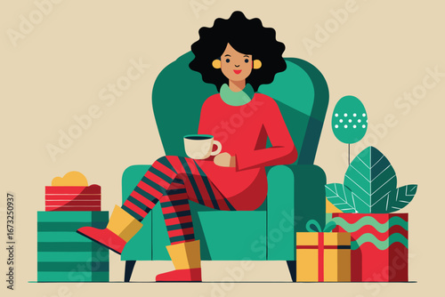 Woman Relaxing in Armchair with Coffee and Gifts vector
