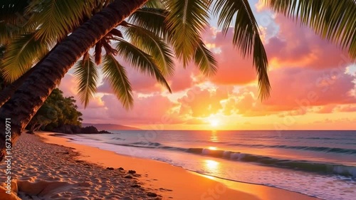 Tropical sunset over ocean with palm trees, golden hour beach scene, vacation vibes