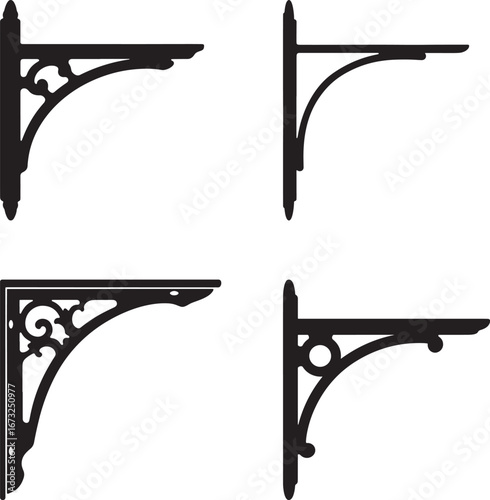 Four ornate decorative shelf brackets in black silhouette style