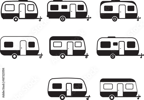 Collection of black and white camper trailer silhouettes for travel and leisure