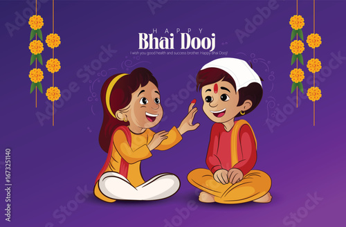 Illustration featuring a brother and sister celebrating Bhai Dooj with festive traditions, showcasing family bonding and cultural warmth.