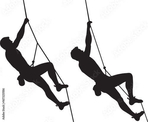 Two dynamic male climbers ascend a rope in a striking black silhouette against a white background