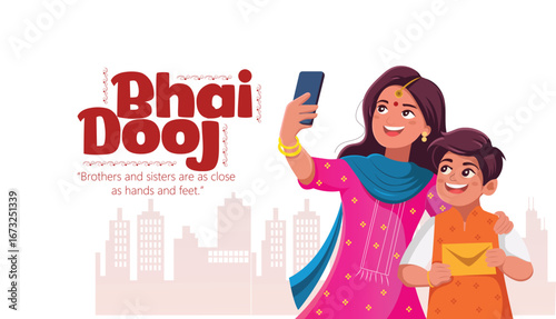 Illustration featuring a brother and sister celebrating Bhai Dooj with festive traditions, showcasing family bonding and cultural warmth.