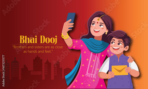 Illustration featuring a brother and sister celebrating Bhai Dooj with festive traditions, showcasing family bonding and cultural warmth.