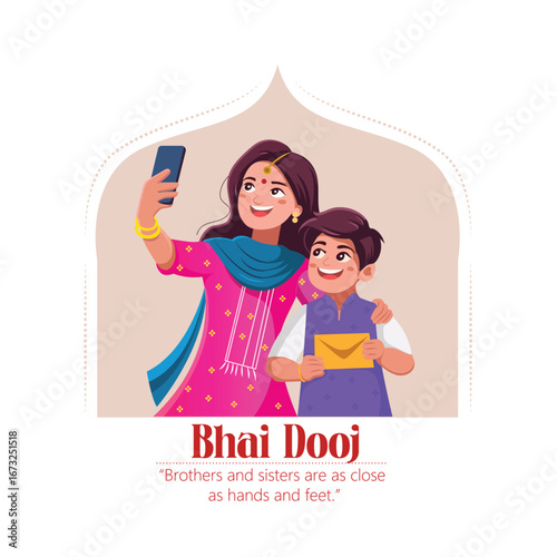 Illustration featuring a brother and sister celebrating Bhai Dooj with festive traditions, showcasing family bonding and cultural warmth.
